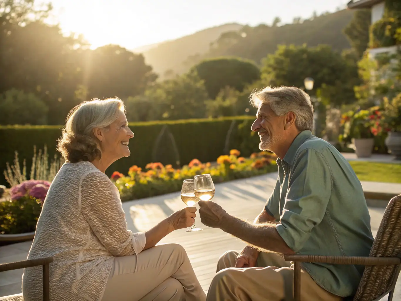 An image showcasing a senior Indian couple smiling and relaxed, sitting on a porch swing in a lush green garden, representing a peaceful and financially secure retirement.