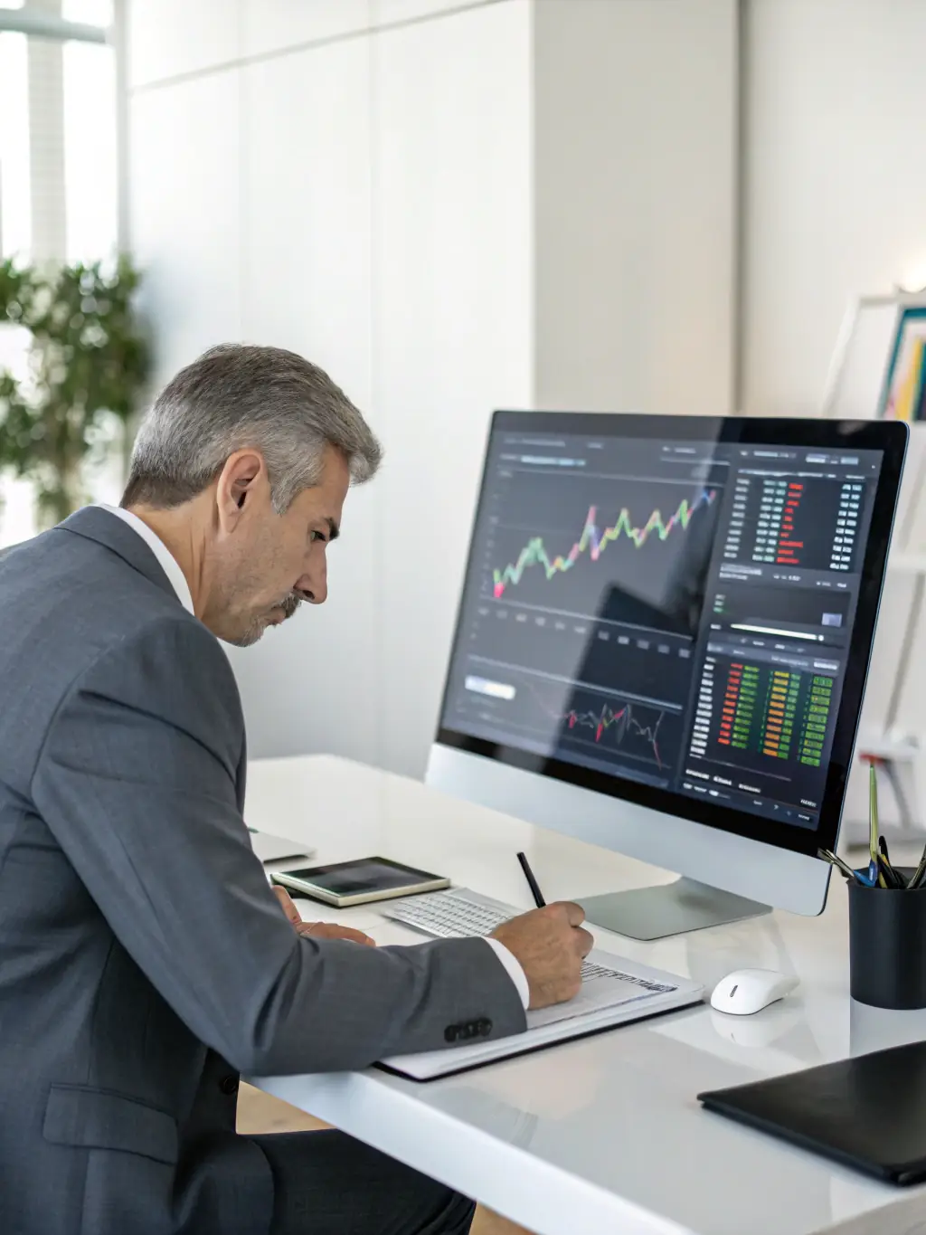 A financial analyst in a business suit, analyzing investment charts and data on a computer screen, with the Indian stock market index displayed in the background.