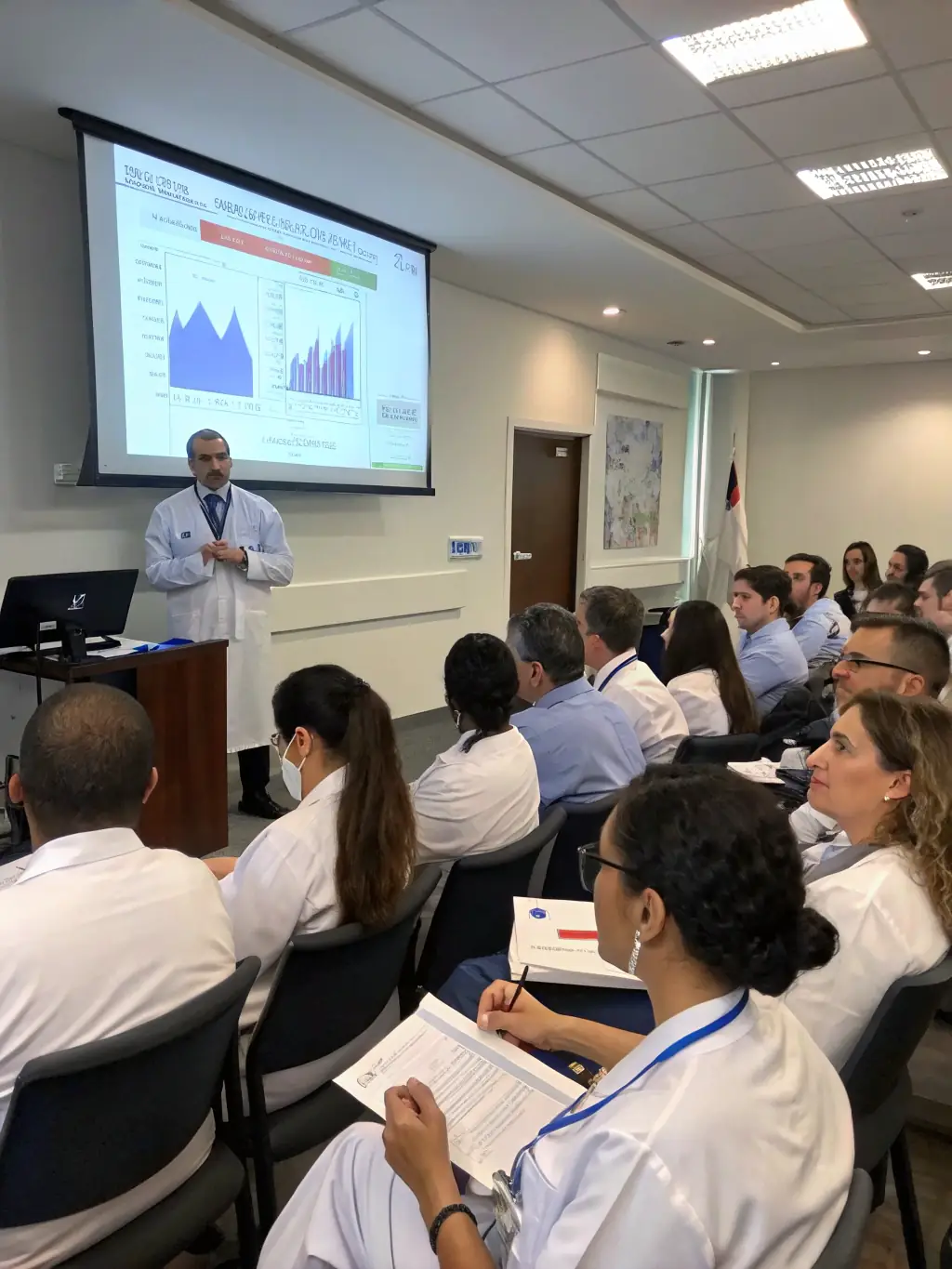 A diverse group of Indian professionals attending a retirement planning seminar, with a presenter discussing investment strategies on a projector screen.
