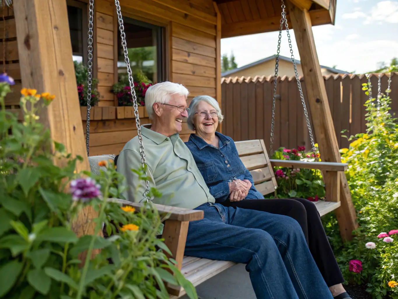 A senior Indian couple smiling and relaxed, sitting on their porch, enjoying their retirement, with a serene landscape in the background, symbolizing financial security and peace of mind.