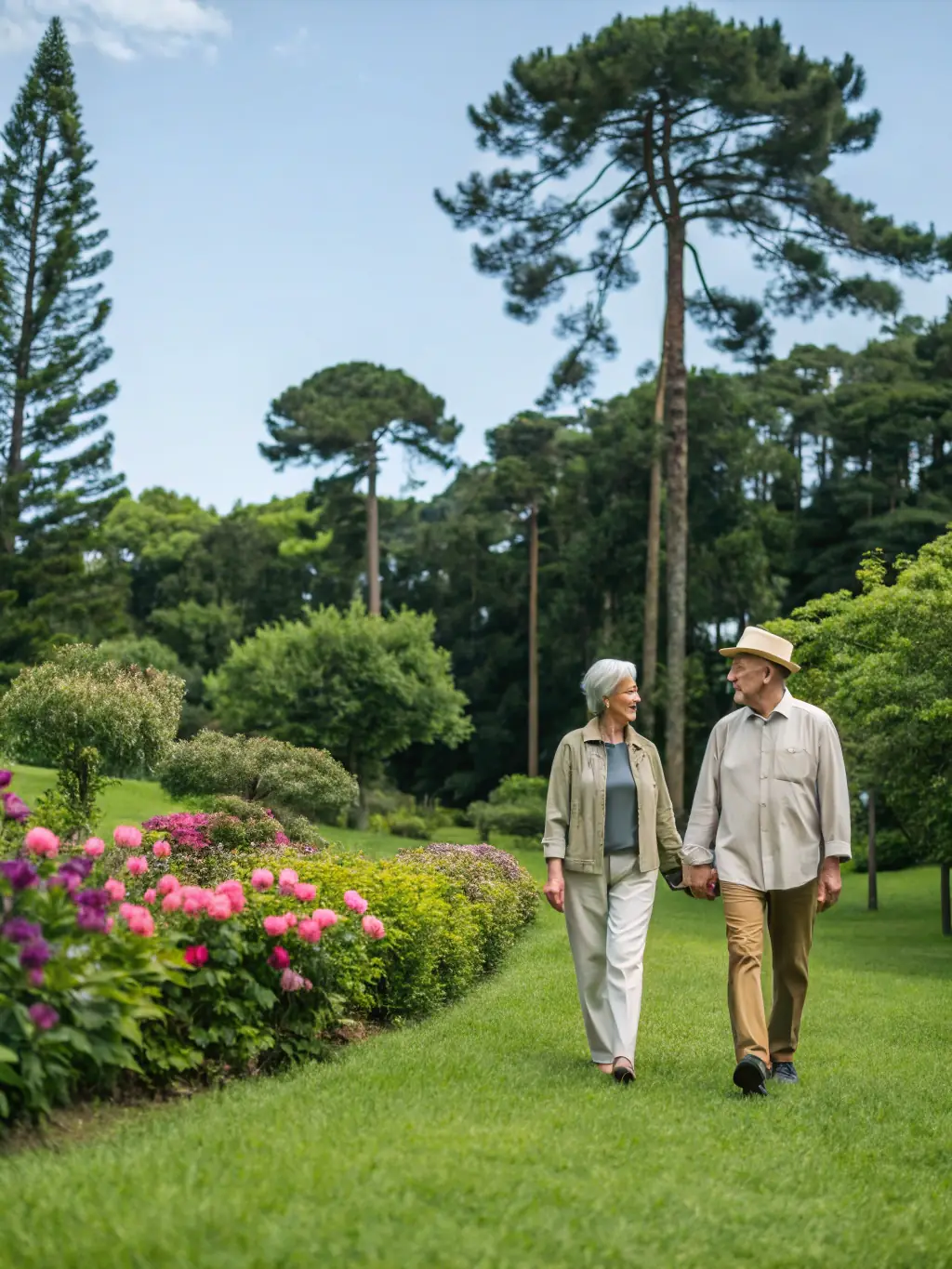 A high-quality photo of a senior Indian couple smiling and holding hands while walking in a park, symbolizing a secure and happy retirement.